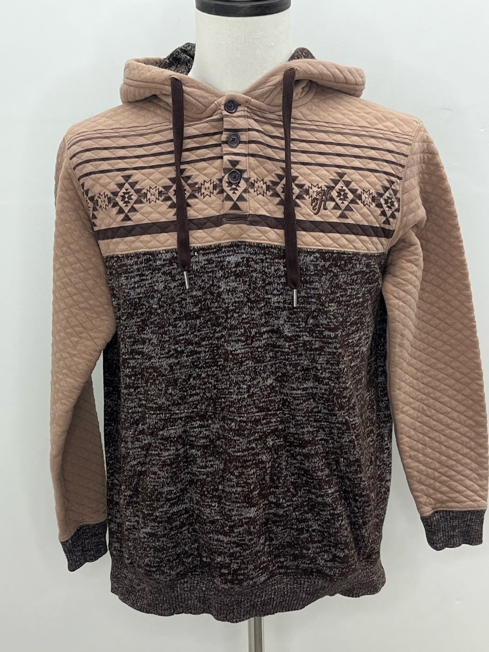 Hooey Mens Brown Tan Aztec Southwestern Quilted Hoodie Pullover Sweater Small